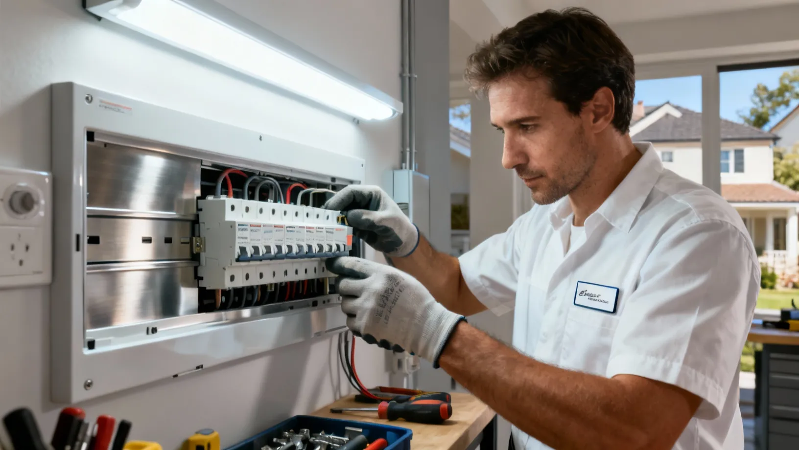 Électricien professionnel installant un tableau électrique moderne à Grenoble