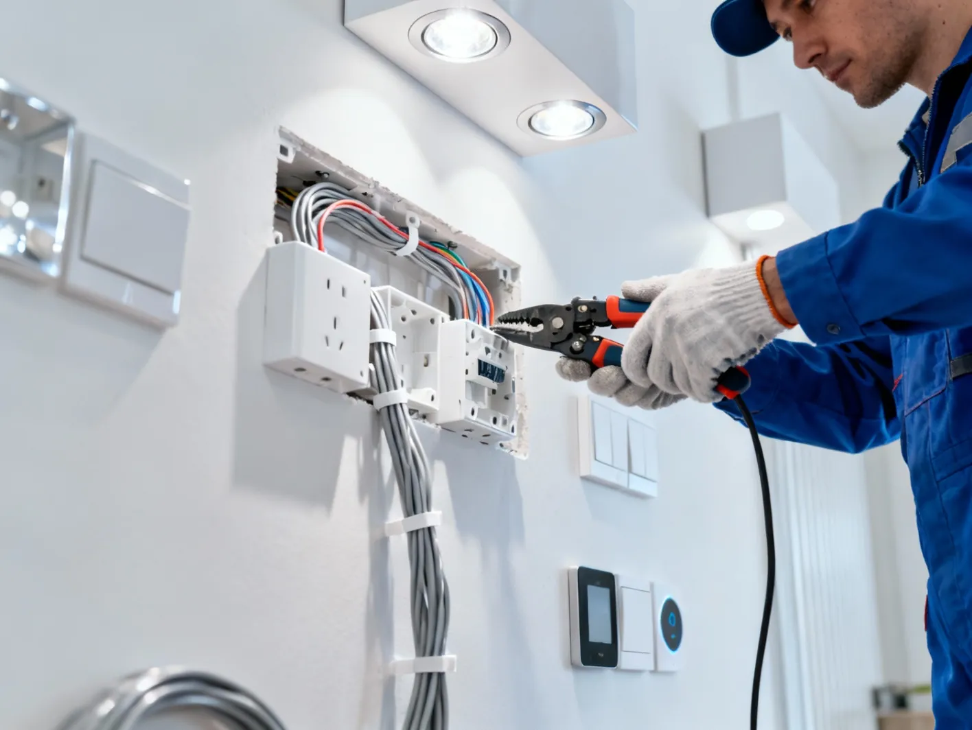 Électricien professionnel réalisant une installation électrique conforme aux normes